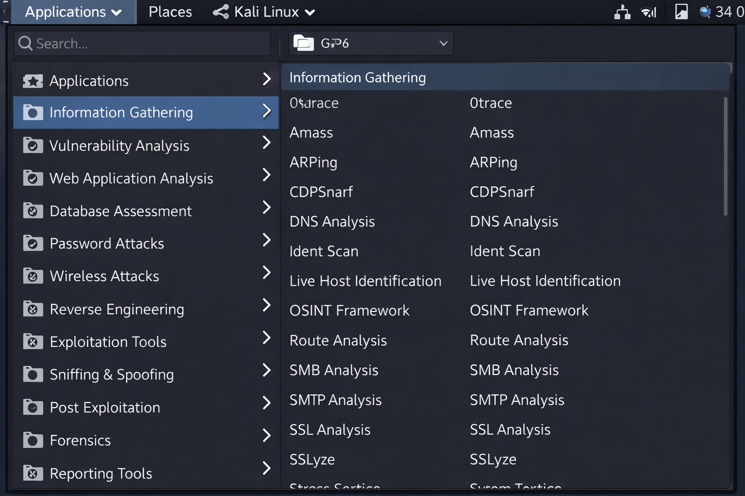 Kali Linux Tool Categories Menu
